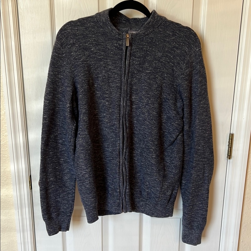 Van Heusen Heather Blue Zip Up Sweater with Ribbed Cuffs and Crew Neckline, M